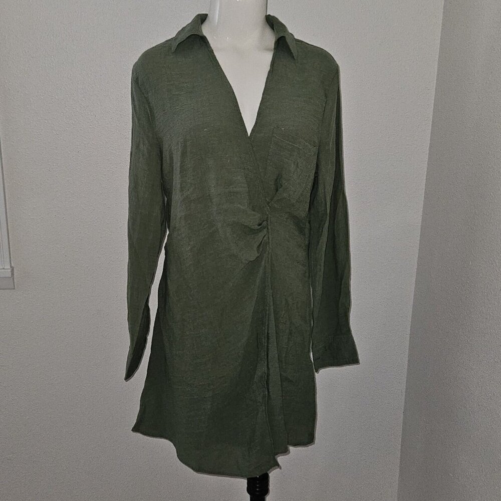 Fashion Nova Autumn Nights Green Mini Dress Size 1X Long Sleeves Wrap Look READ
